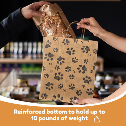 50 Pcs Large Puppy Dog Paw Print Gift Bags with Paper Handles - 10.6x8.3x4.3 Inch Kraft Dog Treat Paper Bags for Pet Treat Party Favor Birthday Gift (Brown)
