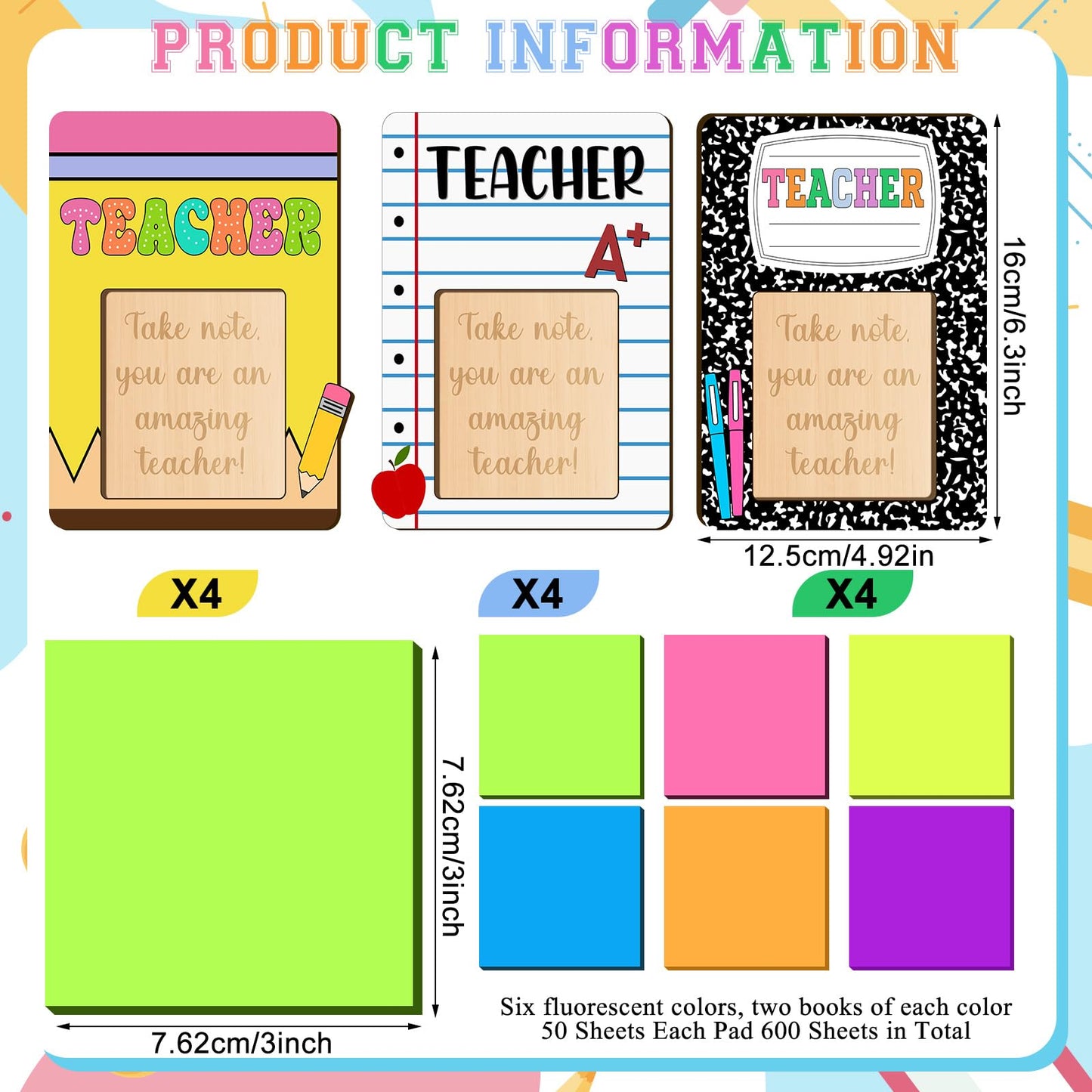 Eersida 24 Pcs/12 Sets Back to School Teacher Gift Daycare Teacher Appreciation Gifts Bulk Teachers Thank You Gift Wood Post Sticky Note Holder Composition Pencil Preschool Elementary Office Supply