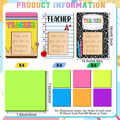 Eersida 24 Pcs/12 Sets Back to School Teacher Gift Daycare Teacher Appreciation Gifts Bulk Teachers Thank You Gift Wood Post Sticky Note Holder Composition Pencil Preschool Elementary Office Supply