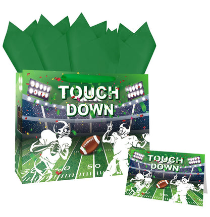 MUNILAIL 13 Inches Football Gift Bag Large Gift Bag with Handle Tissue Paper and Greeting Card for Birthday Baby Shower Football Themed Party Large Paper Gift Bag