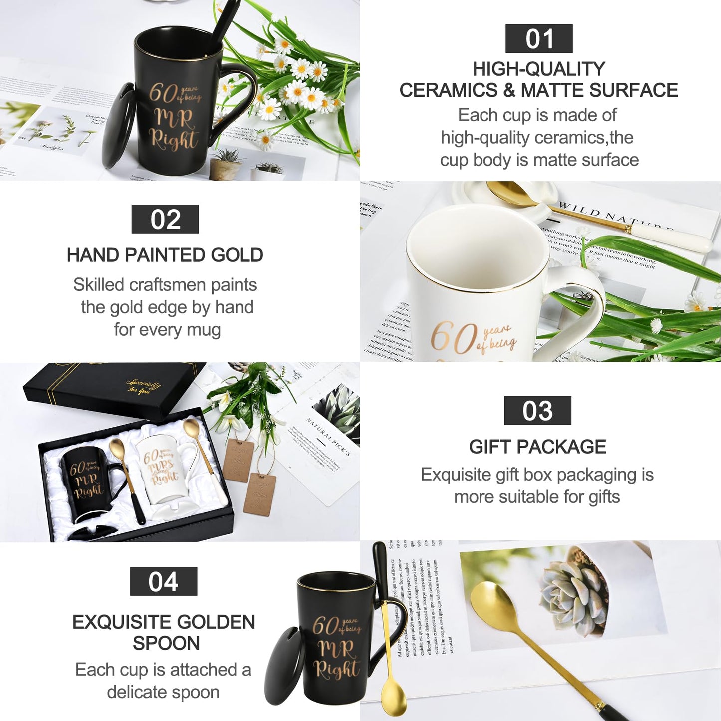 YHRJWN 60th Wedding Gifts, 60 Years of Being Mr & Mrs Always Right Mug Set 14Oz with Lids Spoons and Gift Box, Christmas Anniversary Presents for Parents Couple