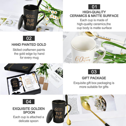 YHRJWN 60th Wedding Gifts, 60 Years of Being Mr & Mrs Always Right Mug Set 14Oz with Lids Spoons and Gift Box, Christmas Anniversary Presents for Parents Couple
