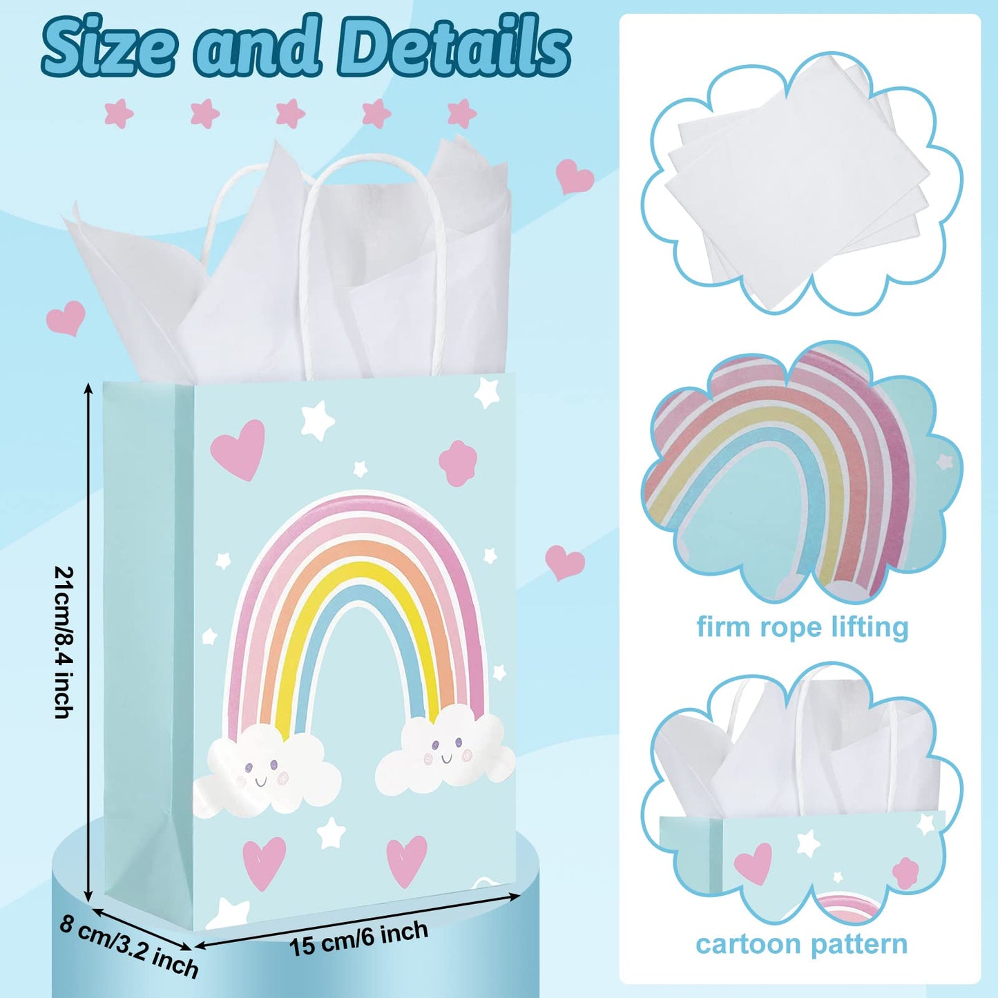 Sinmoe 24 Pcs Rainbow Gift Bags with 24 Pcs White Tissues Paper Rainbow Party Favor Small Bags with Handles for Kids Birthday Baby Shower Weddings Graduation 8.27 x 5.91 x 3.15 Inch