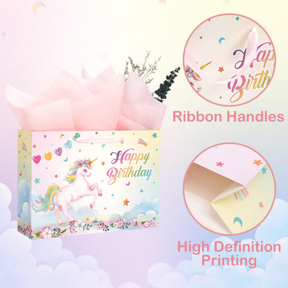 WERNNSAI 13" Large Unicorn Gift Bag for Girls Baby Girl Birthday Bag with Tissue Paper and Card for Kids Pink Unicorn Baby Shower Happy Birthday Theme Party