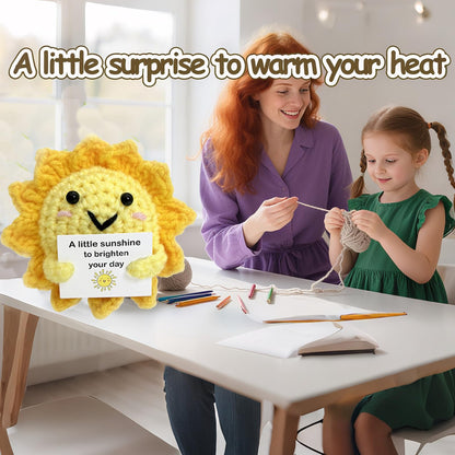 Positive Energy Crochet Sun Gift with Inspiring Affirmation Card, Handmade Emotional Support Sunshine, Thoughtful Stress Relief Present for Women and Men, Cute Birthday and Office Desk Décor