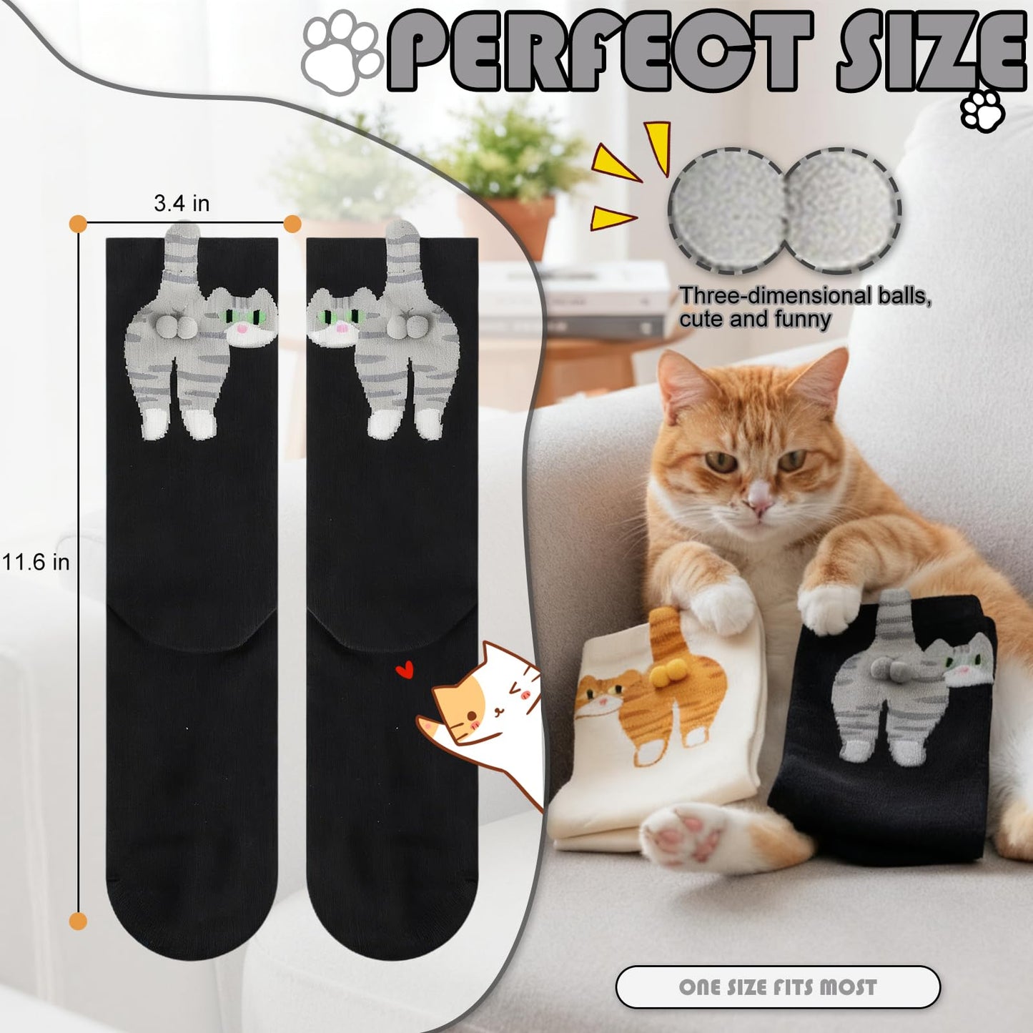 Cute cat balls socks, novelty fun animal socks cute fun white elephant gift for cat lovers