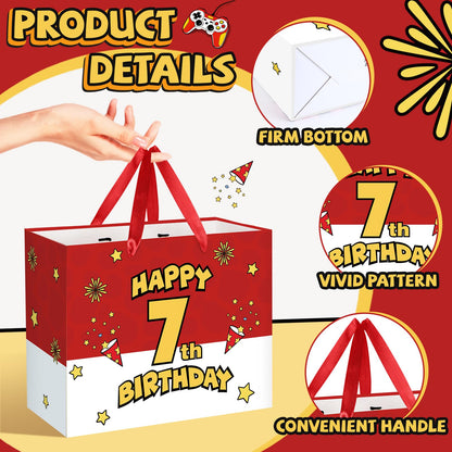 7th Birthday Gift Bag for Boys Red and White Comic Style Wrapping Paper Bag with 3 Sheets Tissue Paper Greeting Card for 7 Year Old Kids Birthday Party Decorations Gamer Themed Party Supplies