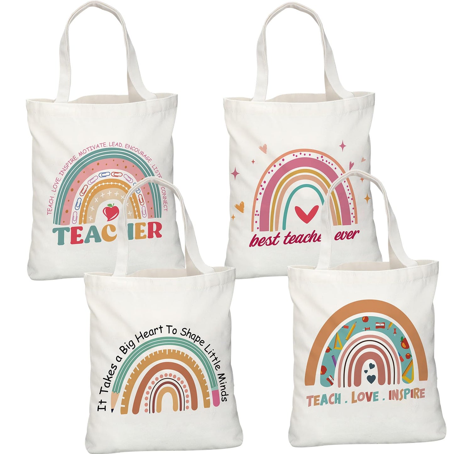 Mixweer 4 Pcs Teacher Appreciation Gifts Bags Teacher Canvas Tote Bags for Women Christmas School Supply(Rainbow Style)
