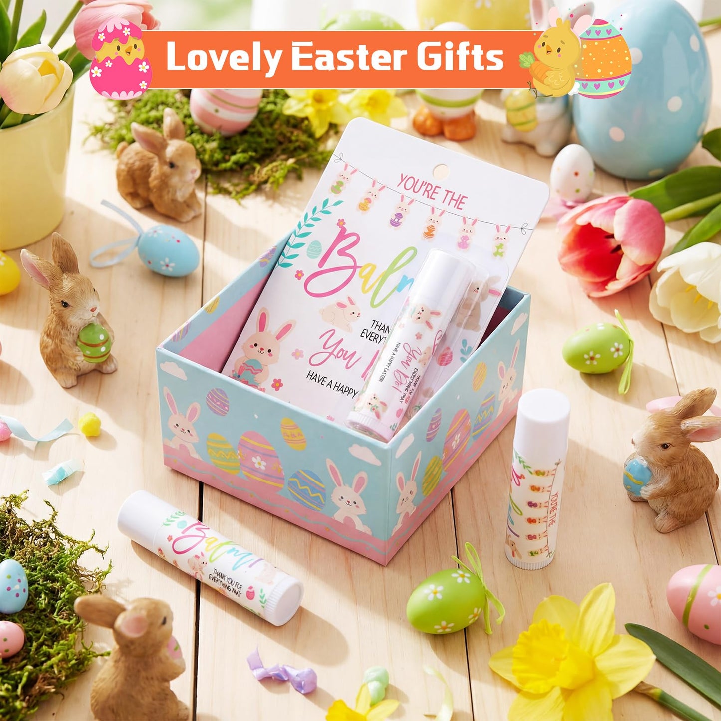 48 Pack Easter Basket Stuffers Lip Balm Gifts Bulk Easter Basket Fillers Party Favors for Adults Women Teacher Coworkers Thank You Gift Set You're the Balm Moisturizing Lip Care (Bunny)