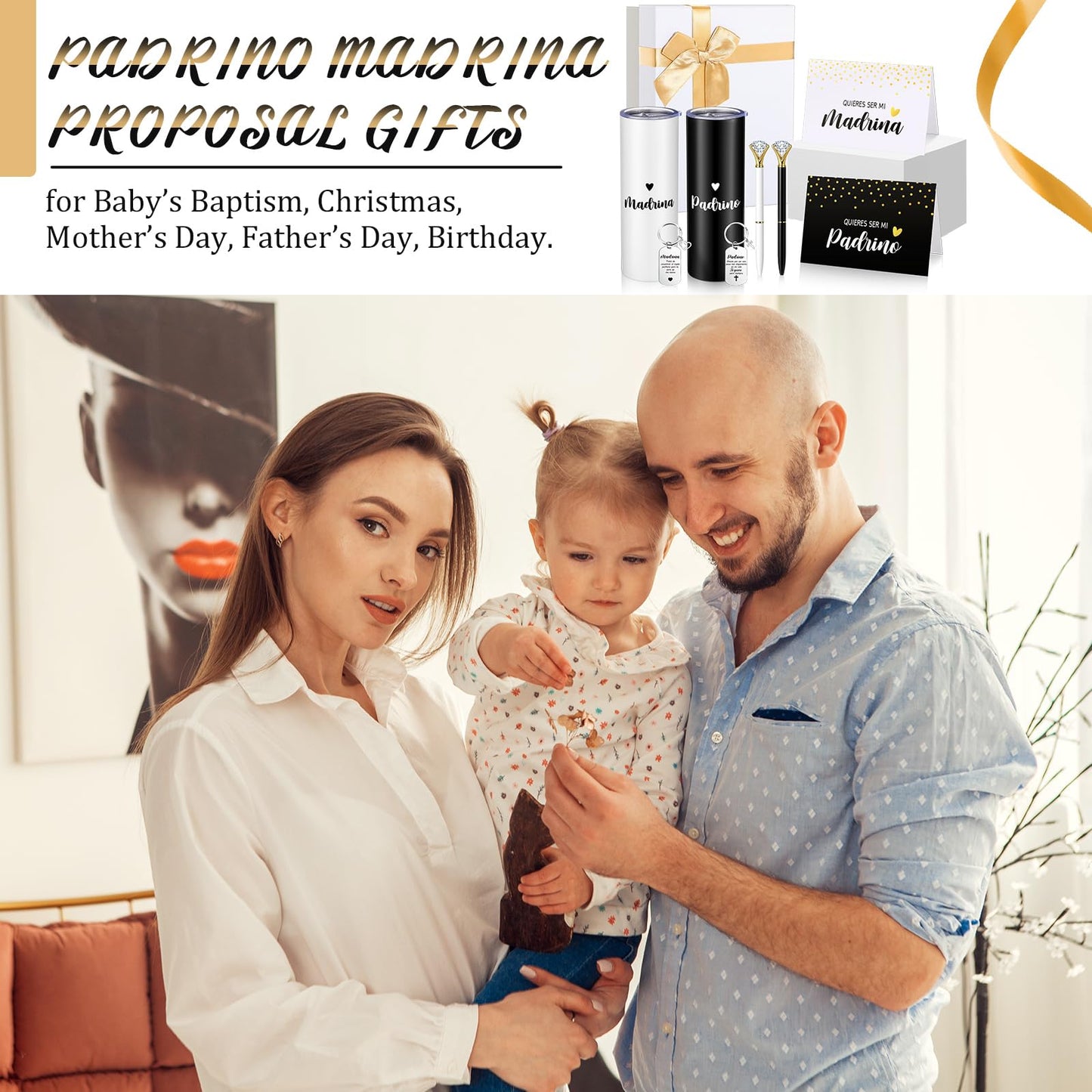 Sieral 9 Pcs Godparents Proposal Gift Will You Be My Godmother Godfather with Tumbler Keychain Card Pen Box Godchild Baptism Xmas Gift for Godparents Padrinos Madrina(Madrina, Padrino)