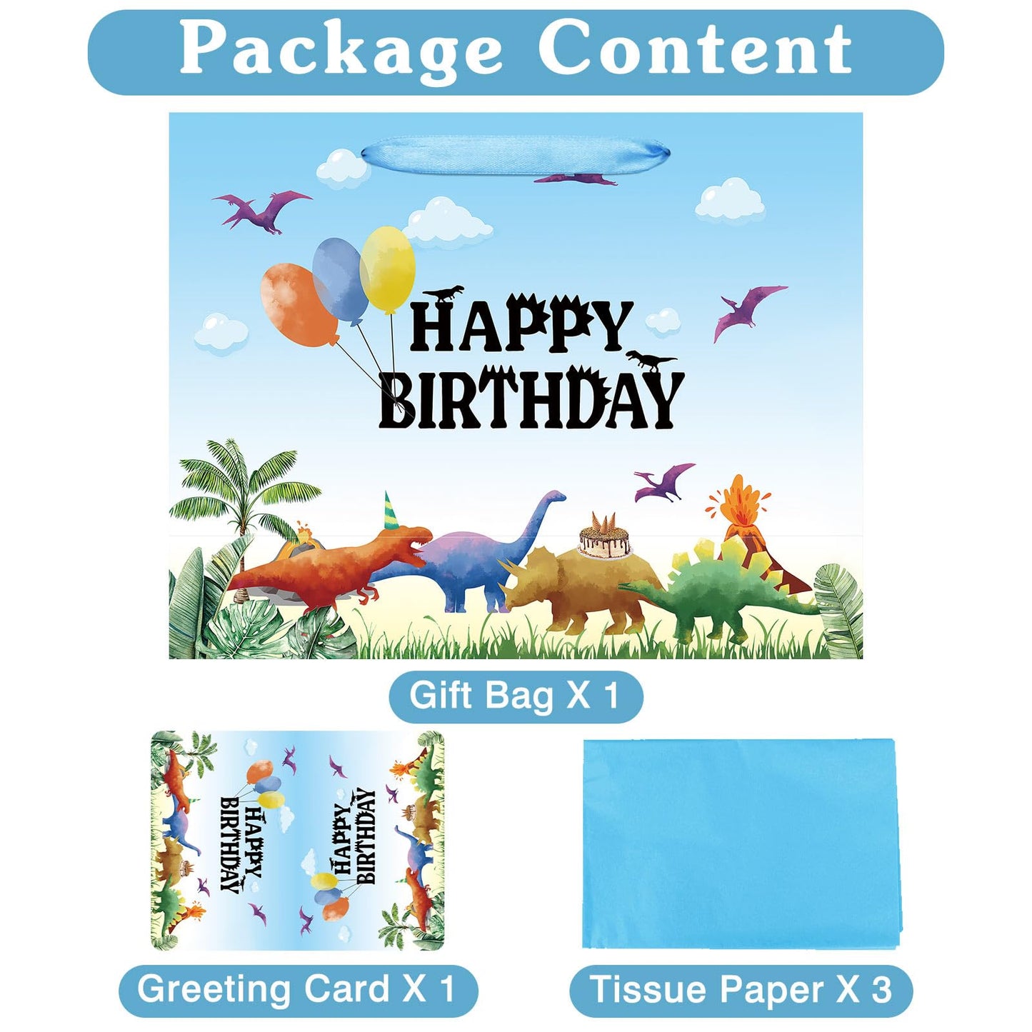 16.5" Extra Large Watercolor Dinosaur Birthday Gift Bag for Boy Kids with Card and Tissue Papers