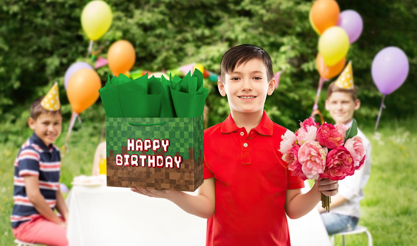 Ranfashiong 13" Large Pixel Theme Birthday Boys Gift Bag with Tissue Paper and Card for Kids, Men Party Supplies (Green)