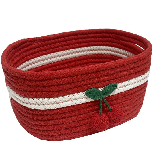 SHIANCE&LI Small Woven Basket Cute Cotton Rope with Handles Gift Oval For Storage Baby Dog Toy Room Basket 12"x 8" x 5" Decorative Basket(Cherry,S)