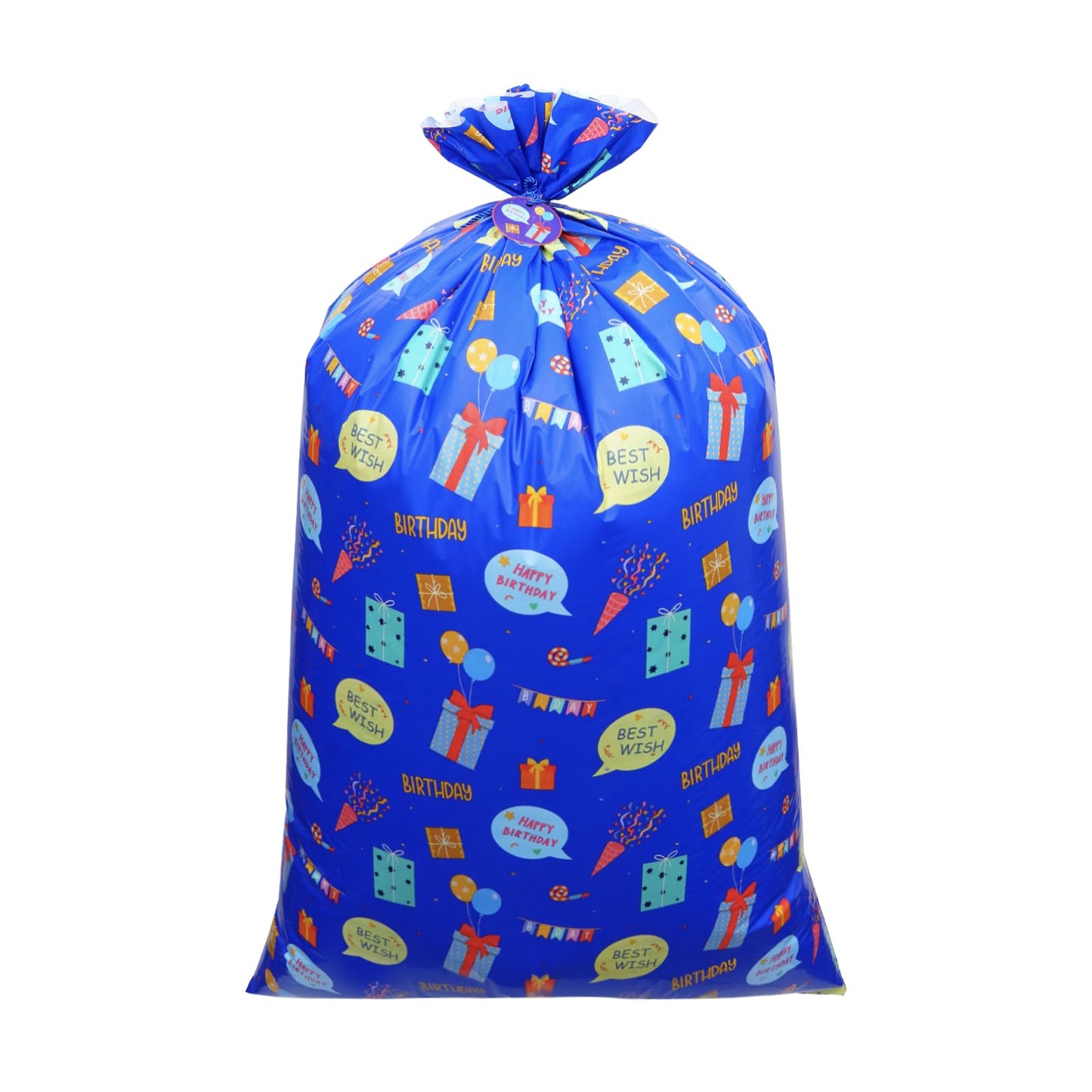 Plauthus 56” Jumbo Plastic Gift Bag, Extra Lager Birthday Gift Bag for Giant Gift (Patterns of Gift Boxes and Greeting Words) for Kids, Boys Teens Birthday (Boy-Blue)