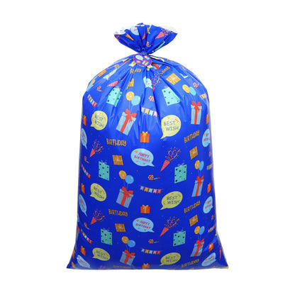 Plauthus 56” Jumbo Plastic Gift Bag, Extra Lager Birthday Gift Bag for Giant Gift (Patterns of Gift Boxes and Greeting Words) for Kids, Boys Teens Birthday (Boy-Blue)