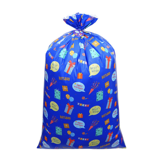 Plauthus 56” Jumbo Plastic Gift Bag, Extra Lager Birthday Gift Bag for Giant Gift (Patterns of Gift Boxes and Greeting Words) for Kids, Boys Teens Birthday (Boy-Blue)