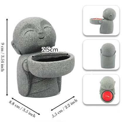 Sandstone Buddha Statue Candle & Incense Cone Holder, Small Jizo Figurine for Home Decor, Tiny Buddha Zen Monk Tealight Holder for Desk, Shelf or Nightstand, 3.5" H Mini Stone Decor Gift
