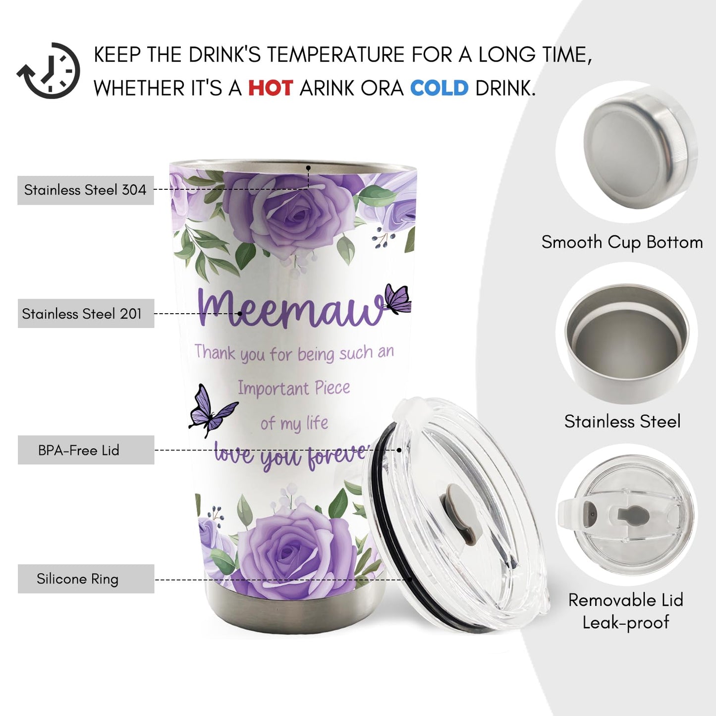 Meemaw Mothers Day Christmas Birthday Thank You Gifts Gift 20oz Travel Coffee Mug Tumbler for Grandma from Grandkids Grandchildren, Memaw Water Stainless Steel Tumbler with Lid and Straw