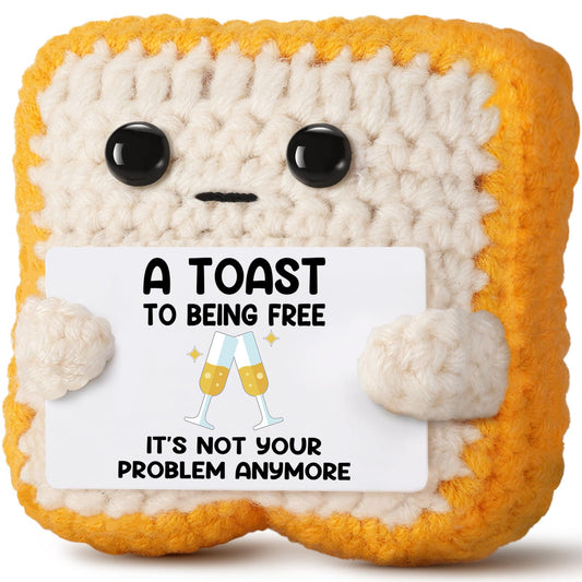Crochet Toast “A Toast to Being Free” Plush – Funny Celebration Gifts for Woman Men Best friend Coworker “It’s Not Your Problem Anymore” Card for Leaving Workor, Retirement, Divorce, Graduation Gift