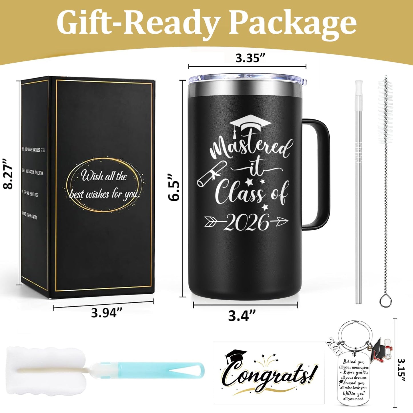 Lifecapido Masters Degree Graduation Gifts, Mastered It Class of 2026 20oz Insulated Coffee Mug with Keychain and Graduation Card, 2026 Graduation Gifts for Graduates, Black