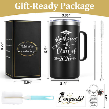 Lifecapido Masters Degree Graduation Gifts, Mastered It Class of 2026 20oz Insulated Coffee Mug with Keychain and Graduation Card, 2026 Graduation Gifts for Graduates, Black