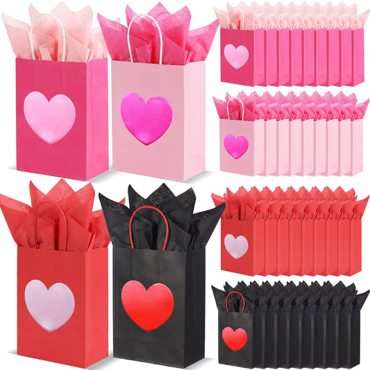 Jaloro 48 Pack Galentines Party Gift Bags with Tissue Paper 8 x 6 x 3.15 Inches Metallic Heart Candy Goodie Favor Kraft Paper Bags with Handles Gift Wrap Bag for Birthday Wedding Anniversary Dating