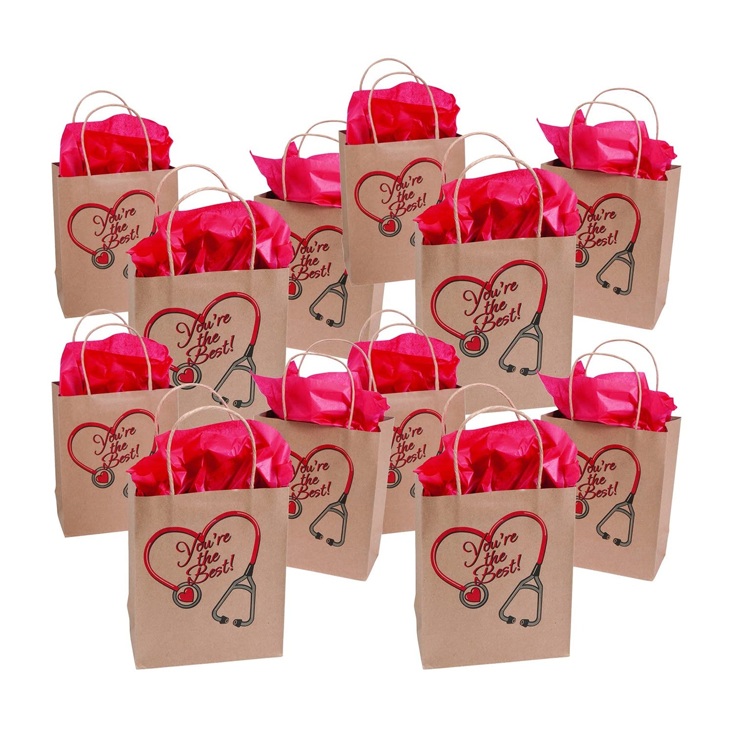 Fun Express Nurse Gift Bags Bulk 12 Pack - Medium Kraft Paper Bags for Nurses Week Gifts, Healthcare Worker Appreciation | 6.5x9 inch Brown Gift Bags with Handles for Medical Staff Thank You Favors