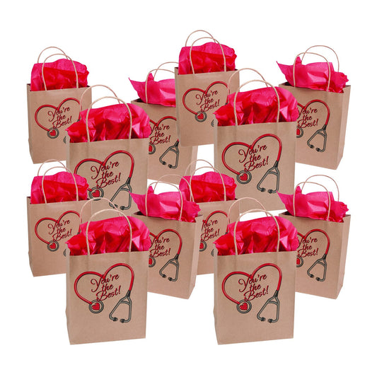 Fun Express Nurse Gift Bags Bulk 12 Pack - Medium Kraft Paper Bags for Nurses Week Gifts, Healthcare Worker Appreciation | 6.5x9 inch Brown Gift Bags with Handles for Medical Staff Thank You Favors