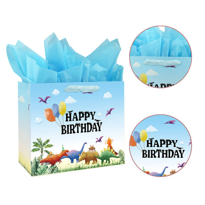 13" Large Watercolor Dinosaur Birthday Gift Bag for Boy Kids with Card and Tissue Papers (13" Blue)