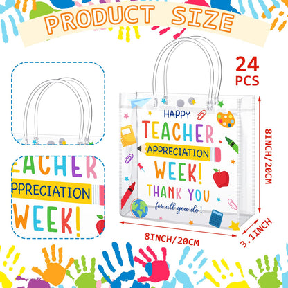 Sweetude 24 Pcs Teacher Appreciation Week PVC Plastic Gift Bags with Handles Back to School Gifts for Teachers' Day First End of the School Year
