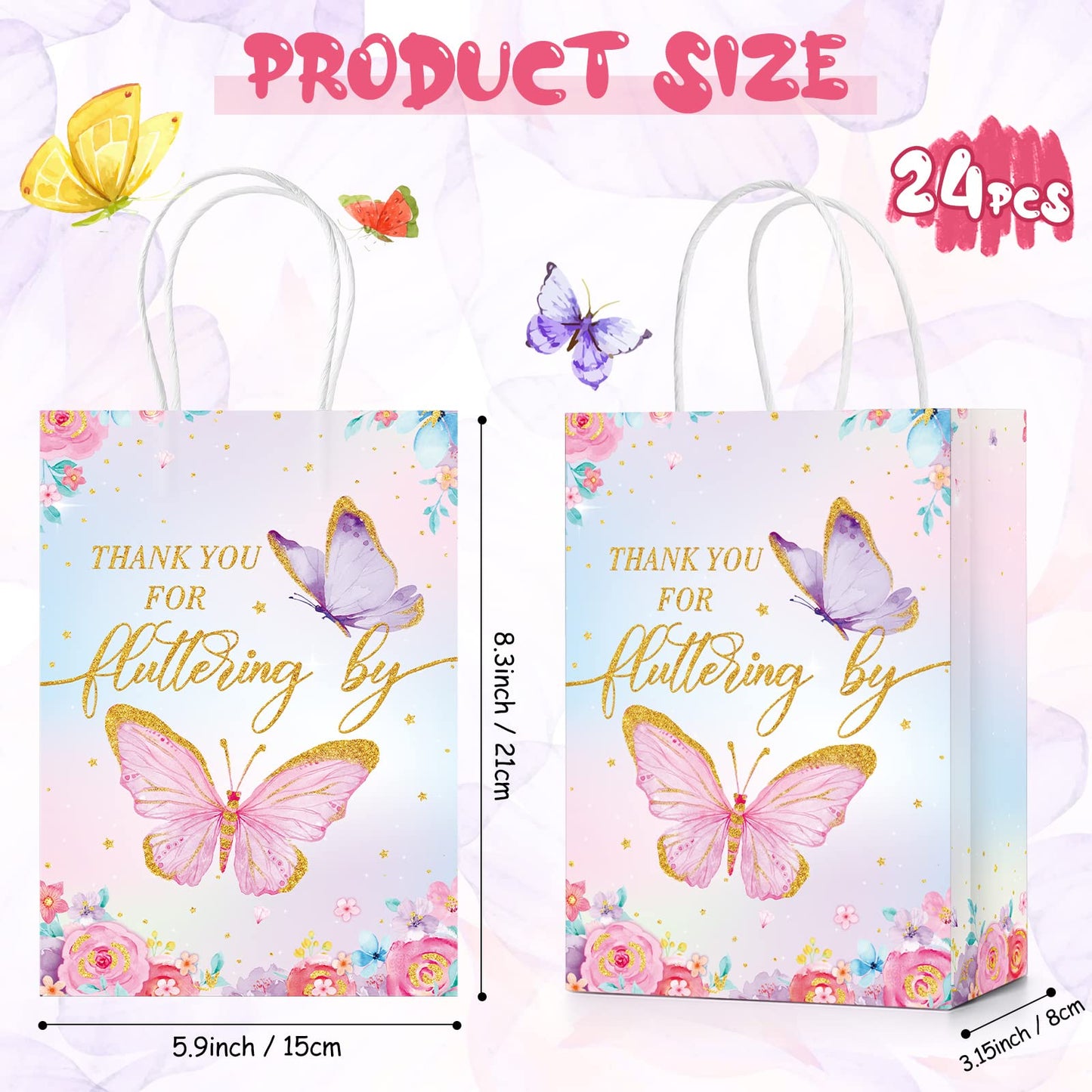 TaoBary 24 Pcs Butterfly Party Favors Gift Goodie Treat Candy Bags Thank You for Fluttering by Paper Bags with Handles for Girls Butterfly Birthday Party Supplies Baby Shower(Watercolor Style)