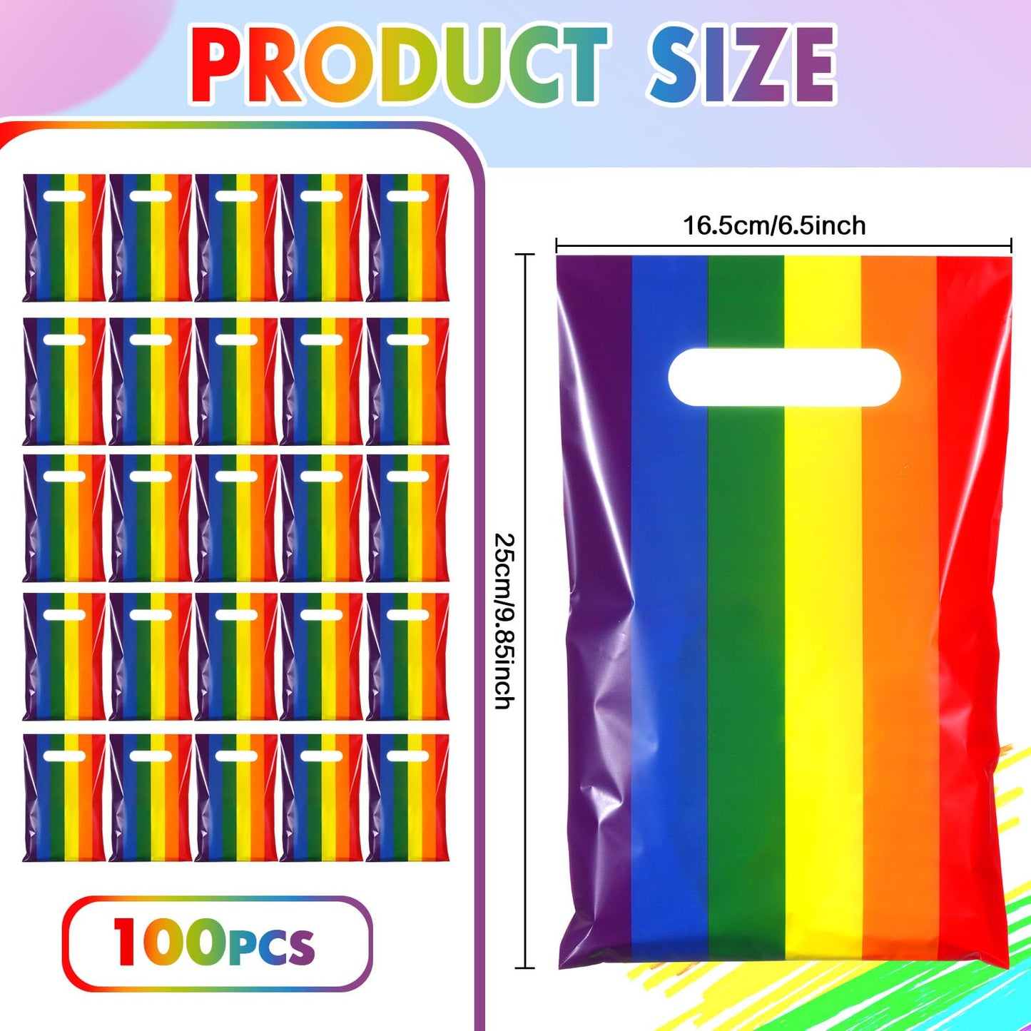 Engrowtic 100 Pcs Gay Pride Day Rainbow Gift Bags with Handle Lgbt Party Favor Reusable Rainbow Striped Plastic Snack Treat Goody Candy Bag for Summer Birthday Wedding Party Supplies 9.84'' x 6.5''