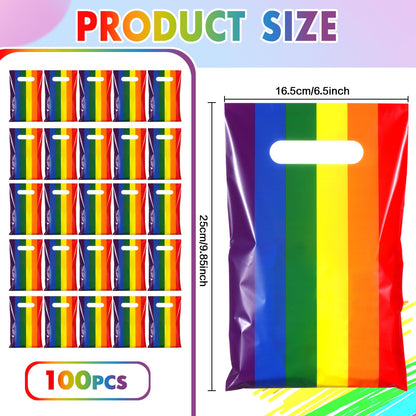 Engrowtic 100 Pcs Gay Pride Day Rainbow Gift Bags with Handle Lgbt Party Favor Reusable Rainbow Striped Plastic Snack Treat Goody Candy Bag for Summer Birthday Wedding Party Supplies 9.84'' x 6.5''