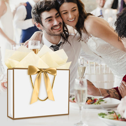 YoungTree Gift Bags with Handles, 13" Medium Gift Bag with 2 Tissue Paper and 1 Card, Present Bag for Graduation Wedding Baby Shower Bridal Shower Birthday Party Supplies (White-Gold)