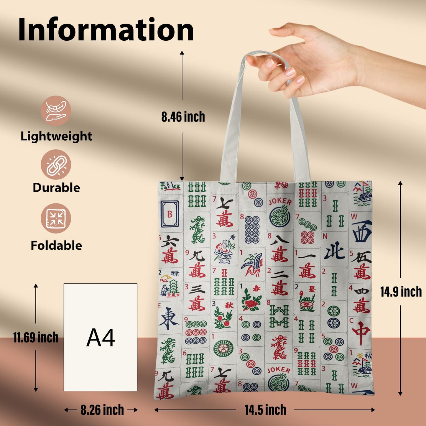 Retro Canvas Tote Bags for Women, Mahjong Gifts, Gifts for Mahjong Lovers