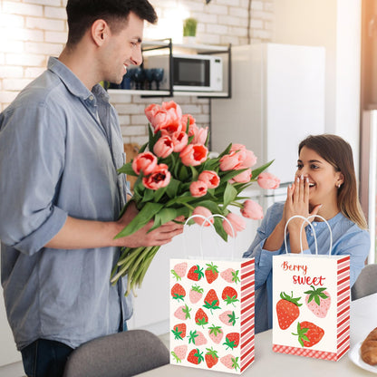 JarThenaAMCS 24 Pcs Strawberry Paper Gift Bags with Handle Pink Red Berry Sweet Party Favor Bags Goodie Candy Treat Bag for Wedding Baby Bridal Shower Party Favor Supplies, 2 Design