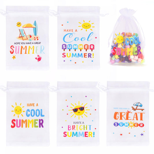 joycraft 30Pcs Summer Organza Bags - 4x6In End of School Year Drastring Gift Bags, 5 Style Have a Bright Summer Party Bags for Vacation, Graduation, Classroom, Office