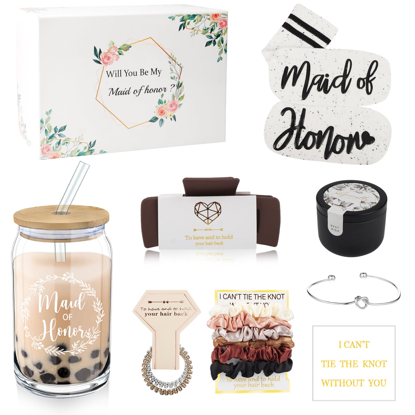 Mhoel 10pcs Maid of Honor Proposal Gifts Set,16OZ Drinking Glasses for Wedding,White Floor Socks,Scented Candle,Hair Clip,Knotted Bracelet,Satin Scrunchies,Proposal Box for Bridal Shower