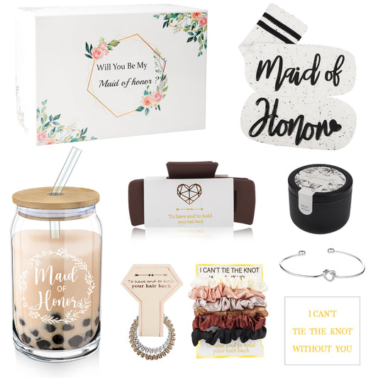 Mhoel 10pcs Maid of Honor Proposal Gifts Set,16OZ Drinking Glasses for Wedding,White Floor Socks,Scented Candle,Hair Clip,Knotted Bracelet,Satin Scrunchies,Proposal Box for Bridal Shower