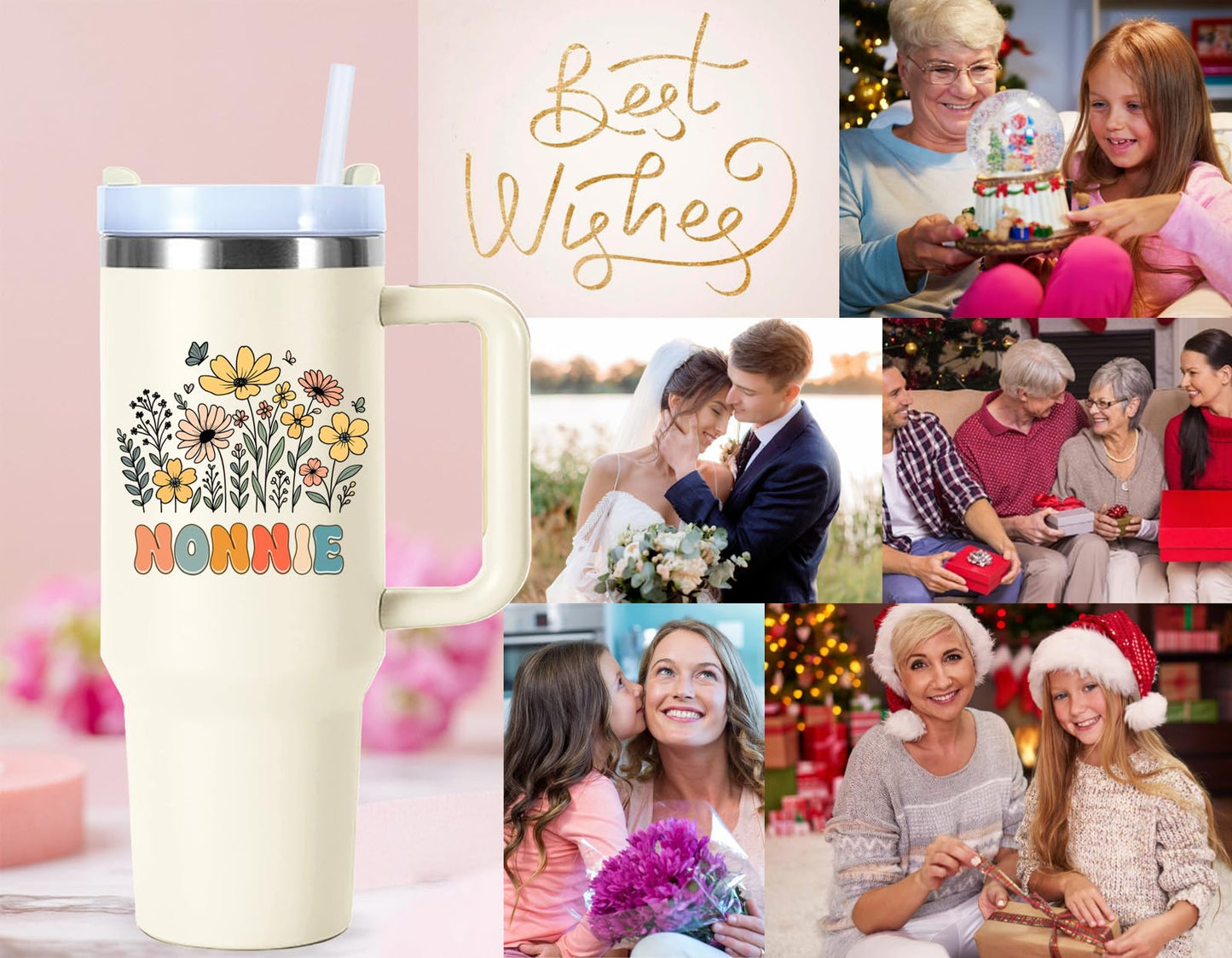 40 oz Nonnie Cups Tumbler with Handle.40 oz Nonnie Gifts for Grandma from Grandkids.40 oz Nonnie Mothers Day Christmas Birthday Gifts Tumbler with Straw.