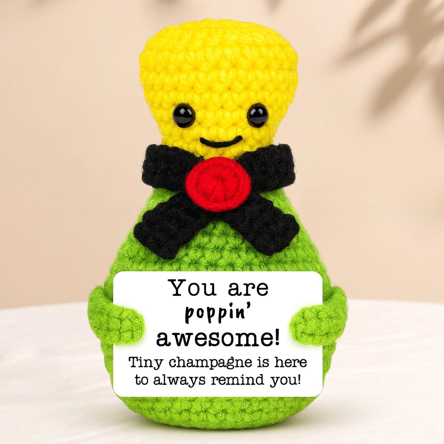 BiuNiuring Positive Handmade Crochet Champagne Birthday Gifts for Women Men, Mini Funny for Him Her,Inspirational Cute Small Stuff for Grandma Mom Dad Son Daughter Sister Friends Coworkers