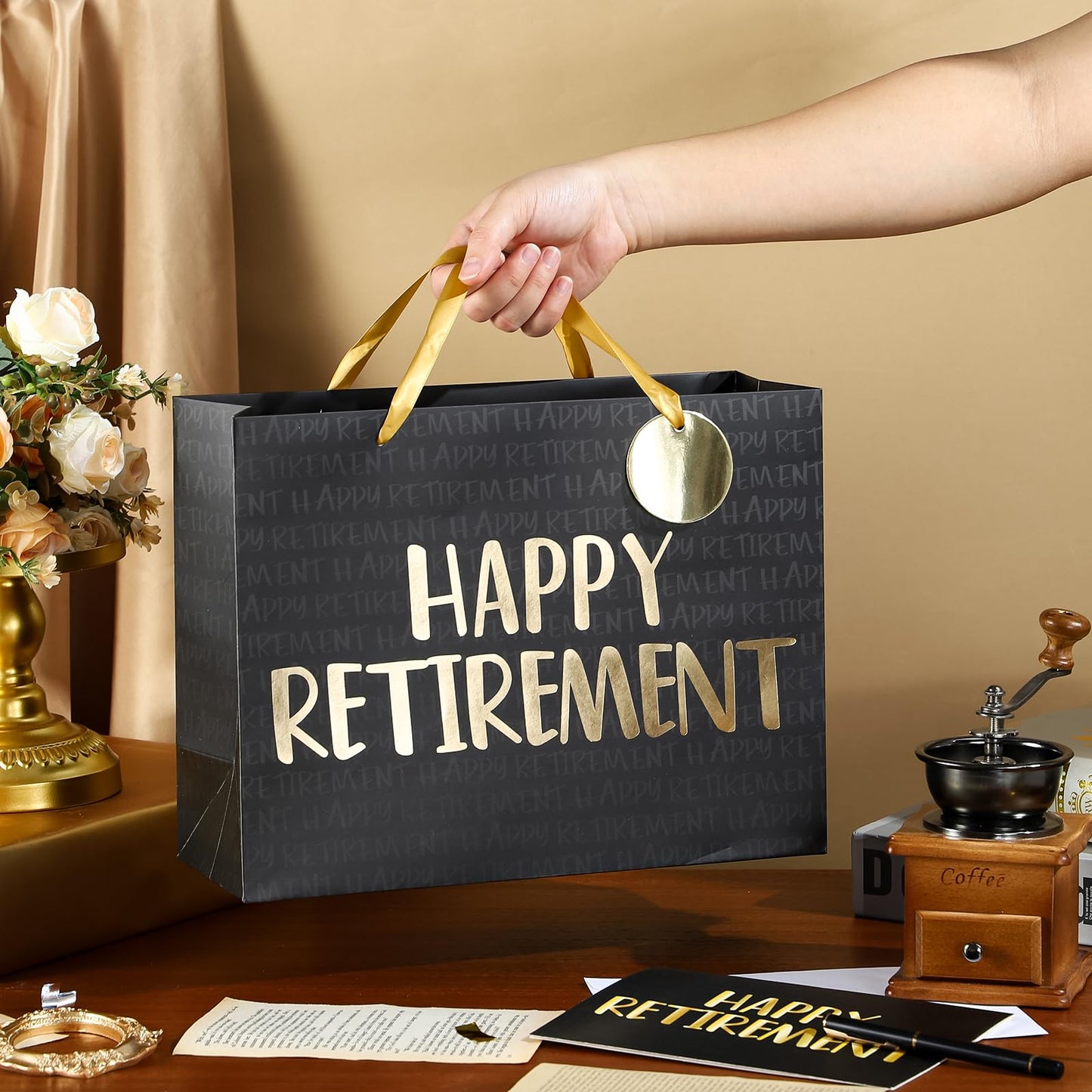 WRAPAHOLIC 13" Large Retirement Gift Bag with Card and Tissue Paper - Black Gold Happy Retirement Lettering