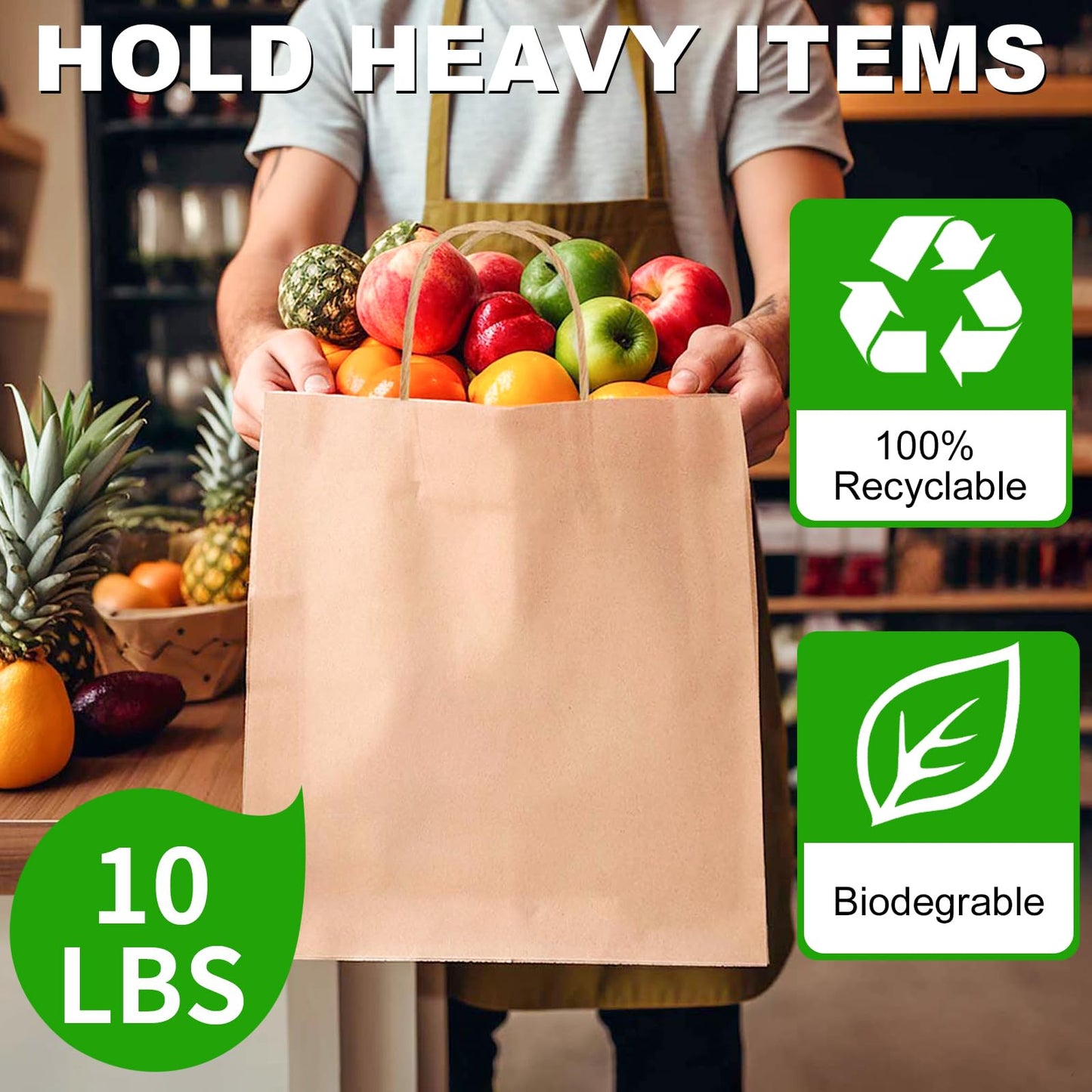 BAG BOX 100 Pcs Medium 8.25x4.3x10.6 Inch Brown Kraft Paper Gift Bags with Handles for Bulk Wedding, Party Favors, Grocery, Shopping, Retail Merchandise, Gift Sacks