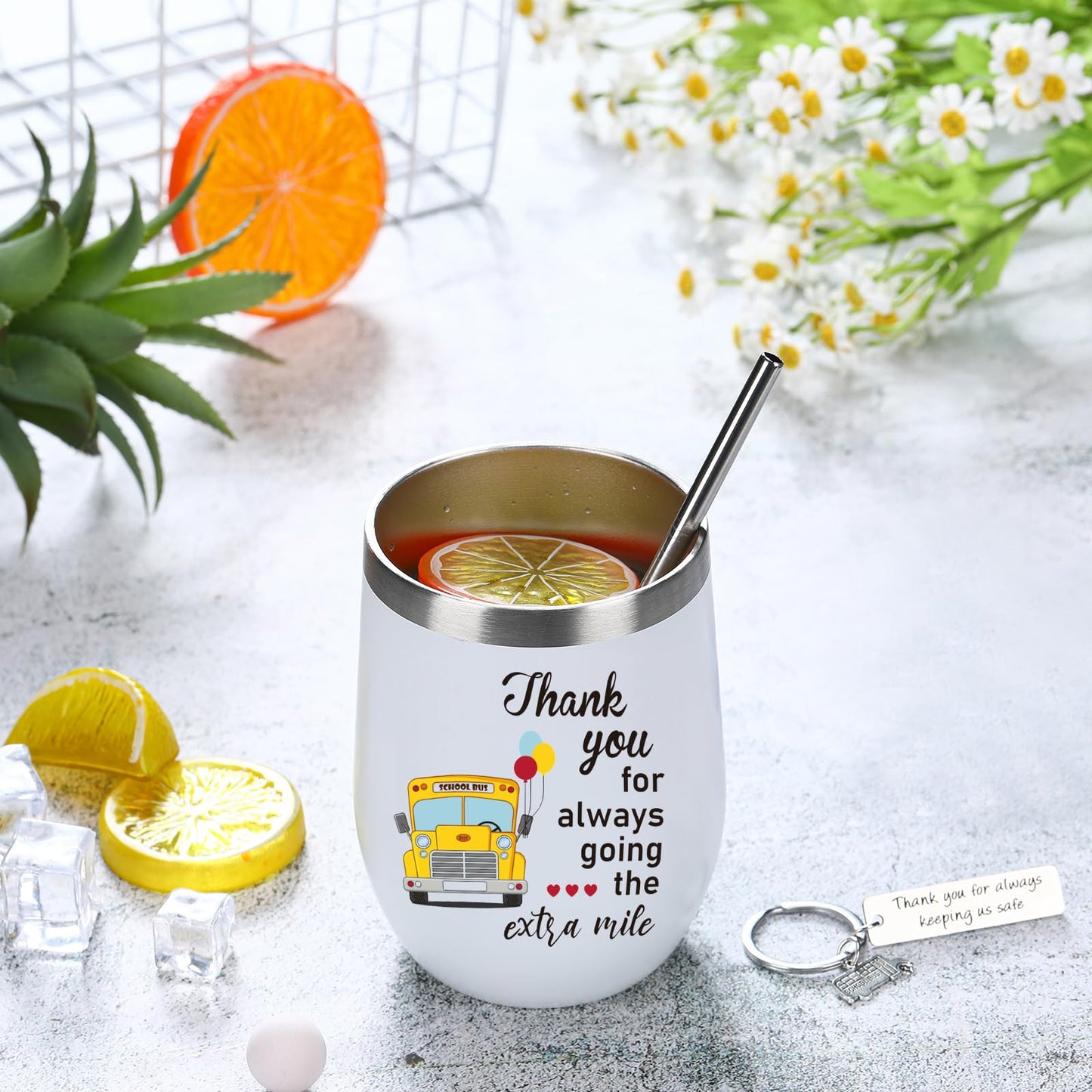 Rtteri 2 Pcs School Bus Driver Appreciation Gifts Bus Driver Gift for Women Men Tumbler Cup 12oz with Lid and Straw Stainless Steel Keychain for Back to School Present(Lovely)
