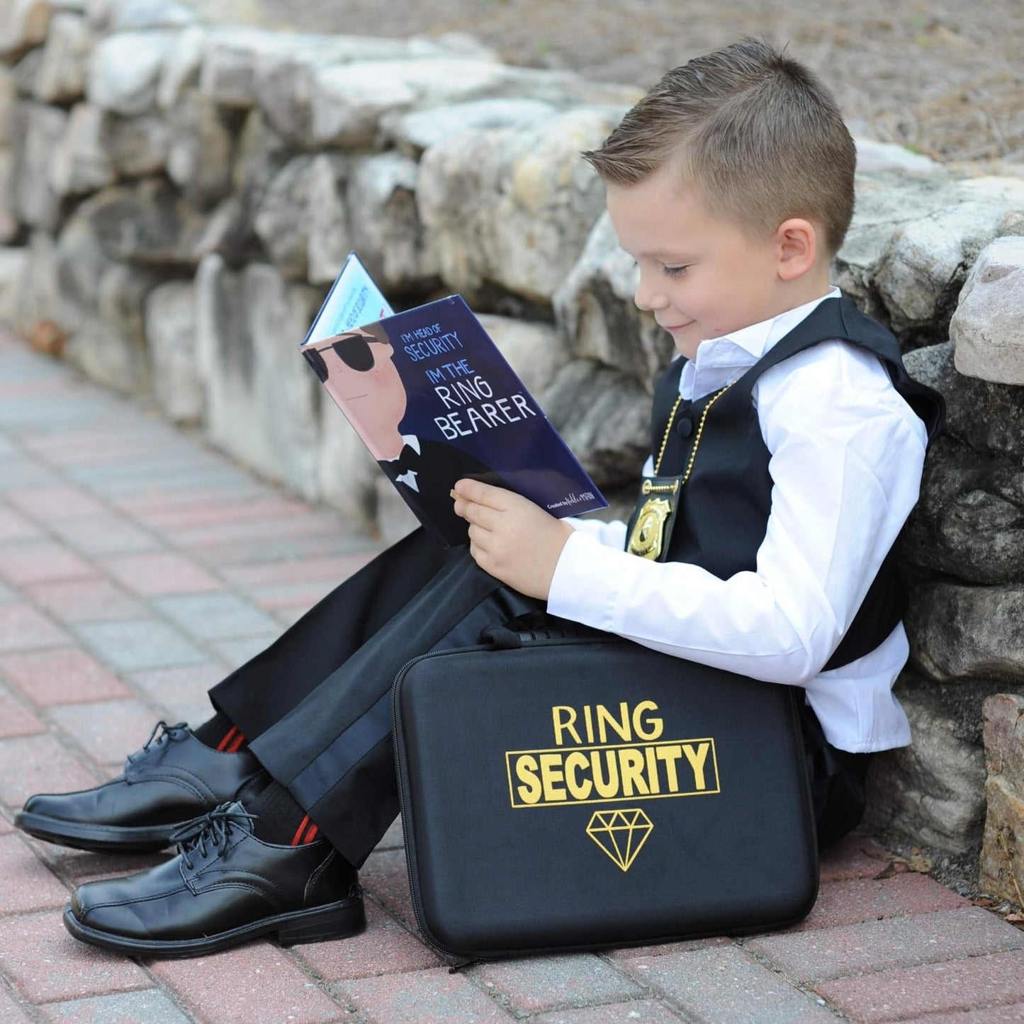 Tickle & Main Ring Bearer Proposal Gift Set - Youth S/M, Ages 4 & Up, Black Polyester - Includes Storybook, Leather Badge & Security Briefcase - Kids Ring Bearer Gifts