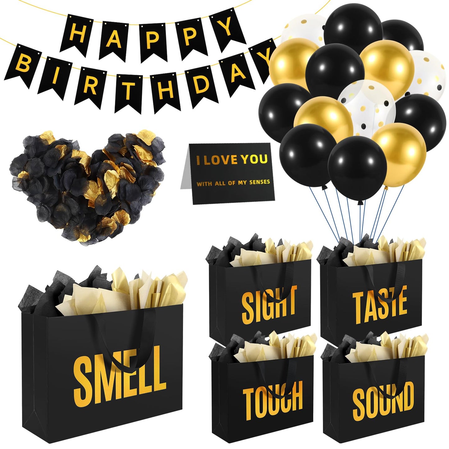 5 Senses Gift Bags For Him Her With Labels Tissue Paper and Handles, Comes With Birthday Decoration Rose Petals and Happy Birthday Banner Balloons for Valentine's Day (Black Gold, 12.6 x 8.7 x 4 inch)