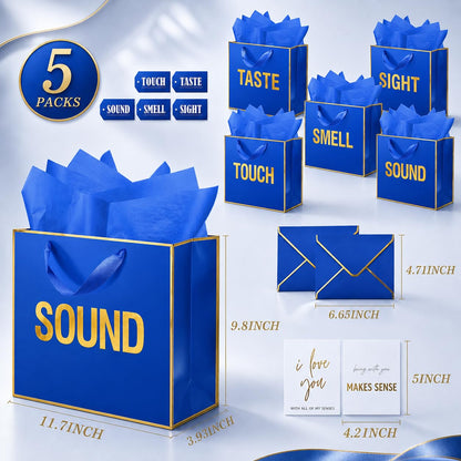 Large Gold Foil 5 Senses Gift Bags For Him Her with Labels Envelopes and Cards, Sight Smell Touch Taste Sound Gift Bags with Tissue Paper For Birthday, Anniversary, Mother'S Day, Valentine's Day 12 x 10 x 4 (Blue)