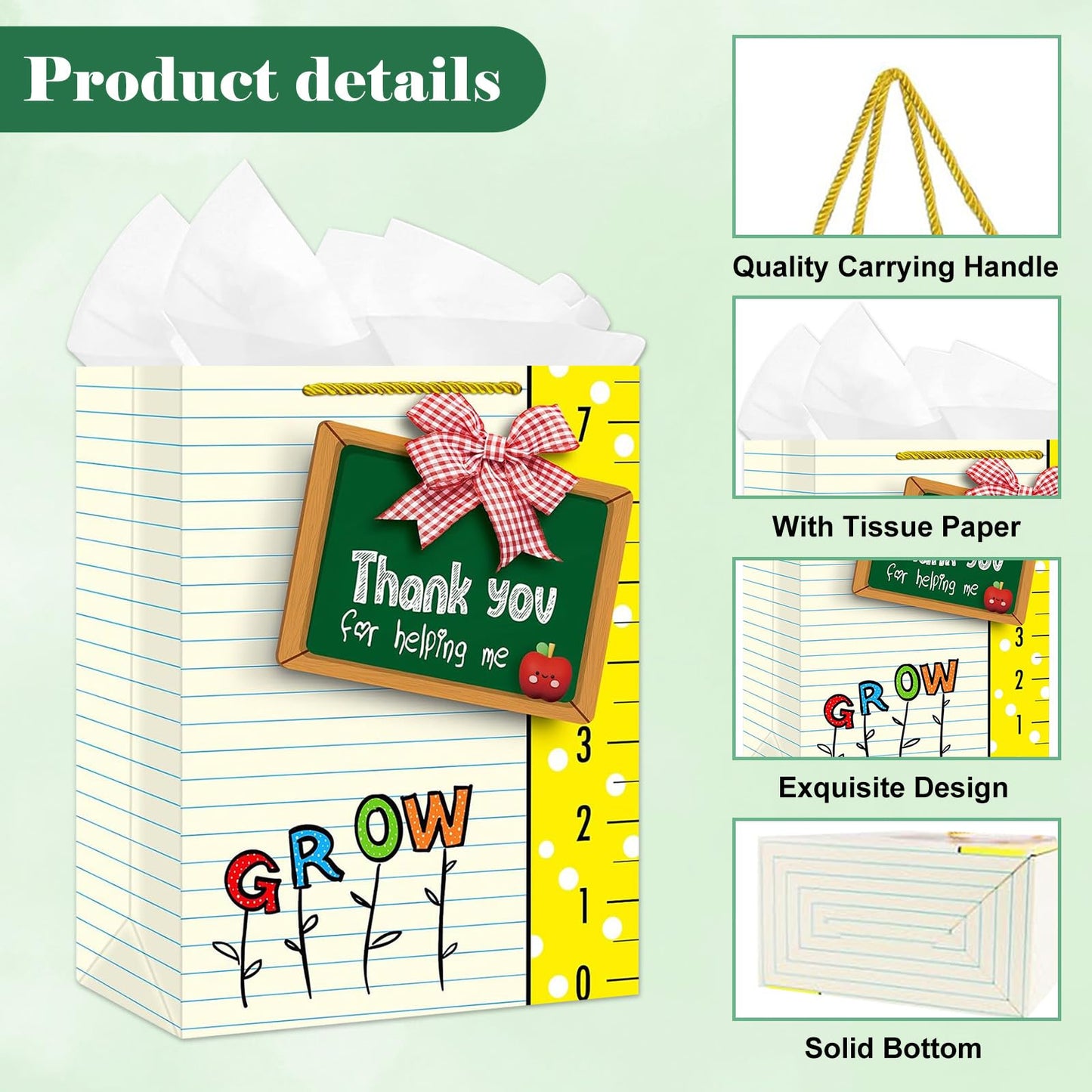 D4DREAM Teacher Gift Bag - 11.5'' Sturdy End of Year Teacher Appreciation Gift Bag with Handles and Tissue Paper for Graduation Teachers Retirement Teacher Party Supplies
