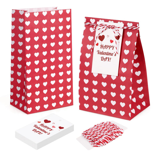 Abilat 24 Pack Valentines Gift Bags with Cards Valentine Gift Treat Bag Mini Goodie Bags for Valentine's Day Gifts Wrapping Party Favors, Classroom Exchange Prizes