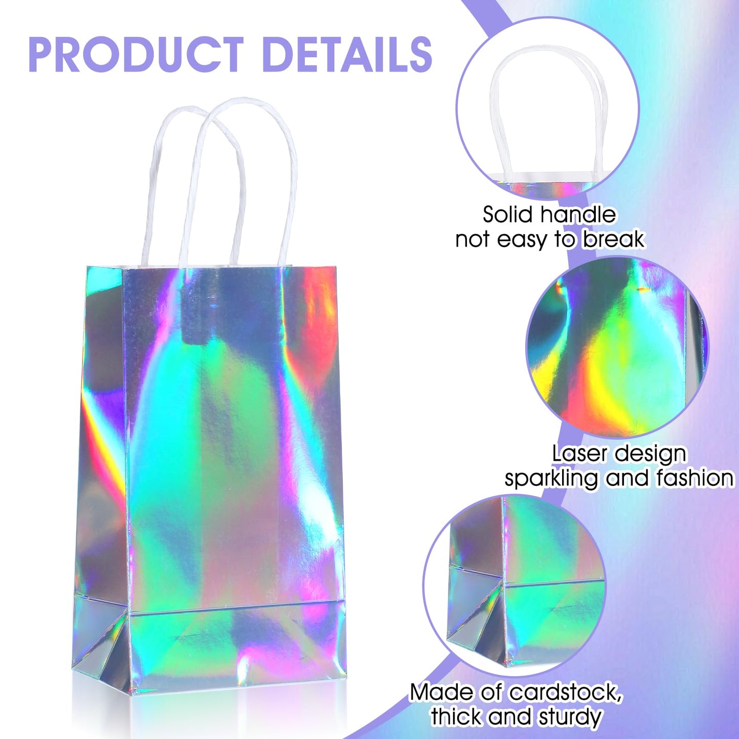 Abeillo 24 Pcs Reusable Paper Gift Bags with Handle, Iridescent Gift Bag Glossy Holographic Goodie Bag Gift Handbag Bulk for Baby Shower Christmas Birthday Party Favor, 8.3 x 4.7 x 3.1 Inch